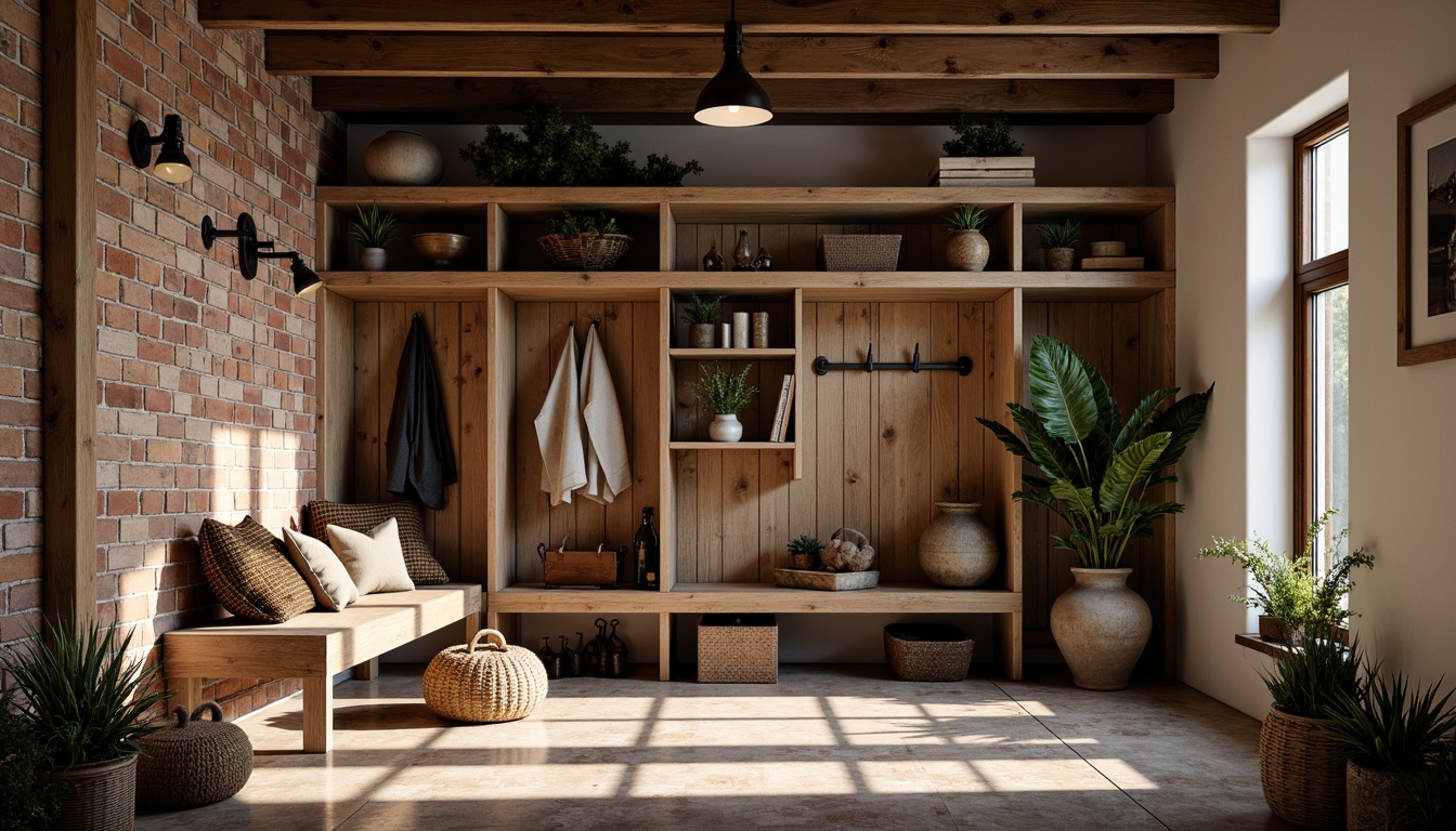 Prompt: Rustic mudroom, distressed wood accents, vintage metal fixtures, industrial-style lighting, exposed brick walls, earthy color palette, natural stone flooring, woven wicker furniture, eclectic decorative accessories, dramatic shadows, warm softbox lighting, high contrast ratio, 1/2 composition, shallow depth of field, realistic textures, ambient occlusion.