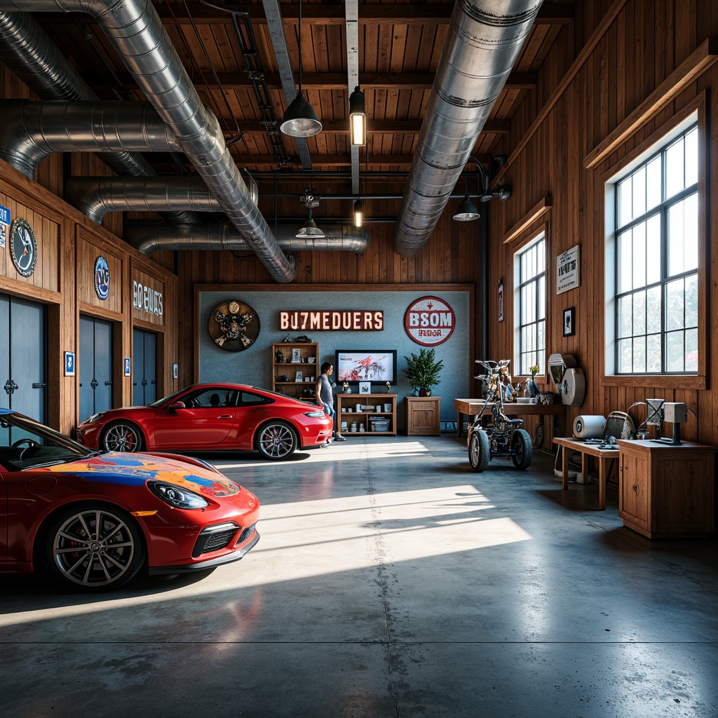 Prompt: Industrial-style garage, exposed ductwork, metallic accents, concrete flooring, sleek machinery, bold color scheme, vibrant reds, deep blues, neutral grays, warm wood tones, natural light, large windows, overhead doors, rustic metal signs, distressed finishes, urban feel, dramatic shadows, high-contrast lighting, 2/3 composition, cinematic atmosphere, realistic textures, ambient occlusion.