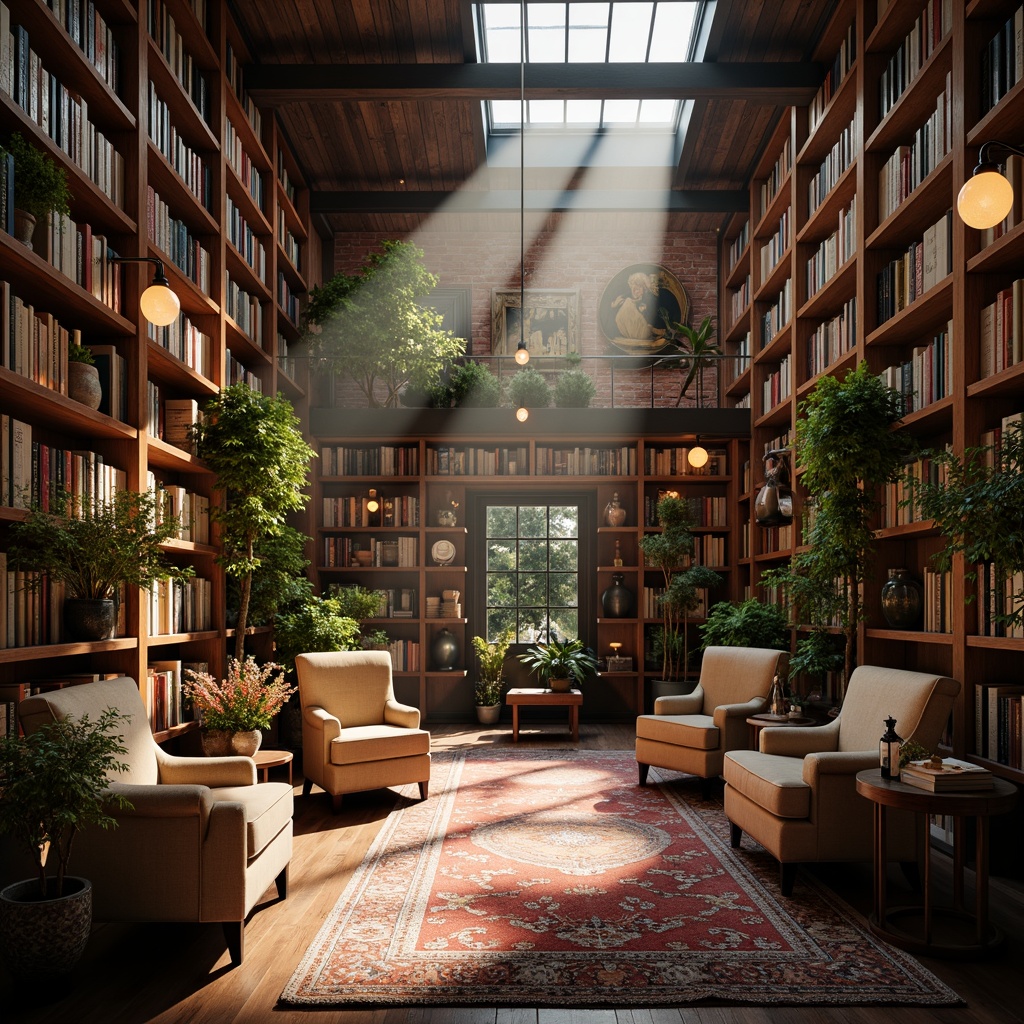 Prompt: Cozy bookstore, warm wooden shelves, vintage book collections, plush armchairs, soft carpets, floor lamps, table lamps, pendant lights, industrial metal fixtures, Edison bulbs, exposed brick walls, high ceilings, natural light pouring in, warm afternoon sunbeams, dramatic shadows, 1/1 composition, low-key lighting, ambient occlusion.