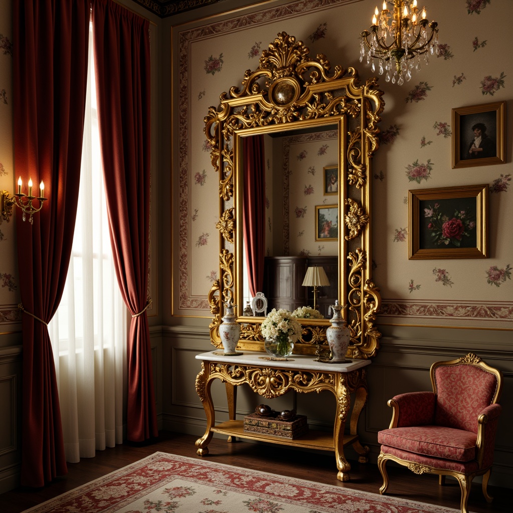 Prompt: Ornate gold mirror, intricately carved wooden vanity, lavish velvet drapes, ornamental flower-patterned wallpaper, richly upholstered armchair, crystal chandelier, gilded picture frames, marble-topped console table, delicate porcelain vase, opulent golden fixtures, soft warm candlelight, shallow depth of field, 1/1 composition, realistic textures, ambient occlusion.