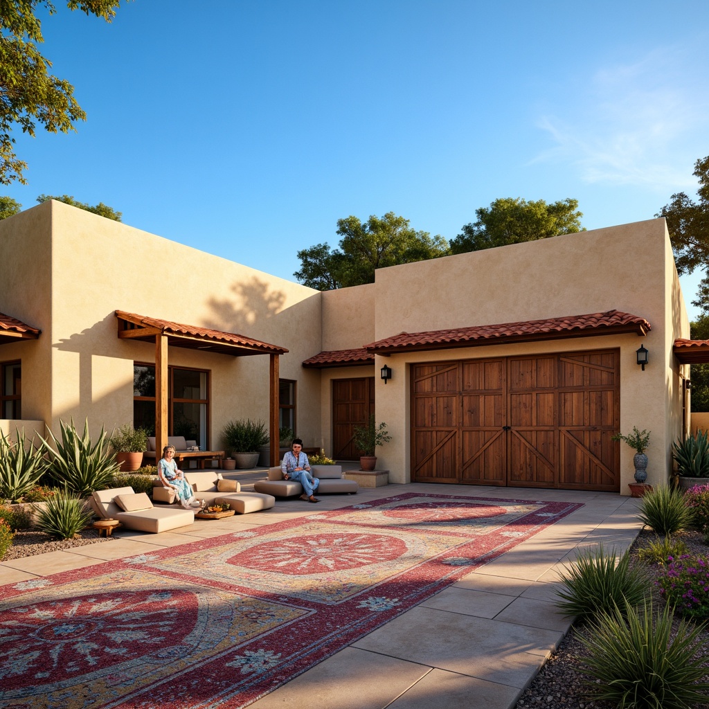 Prompt: Southwestern family garage, warm beige stucco exterior, Spanish-inspired architecture, sloping rooflines, clay tile roofing, earthy terracotta color, rustic metal accents, wooden garage doors, desert landscape, cacti plants, clear blue sky, sunny day, natural stone walkways, outdoor seating areas, vibrant colorful textiles, intricate geometric motifs, warm ambient lighting, 3/4 composition, realistic textures, ambient occlusion.