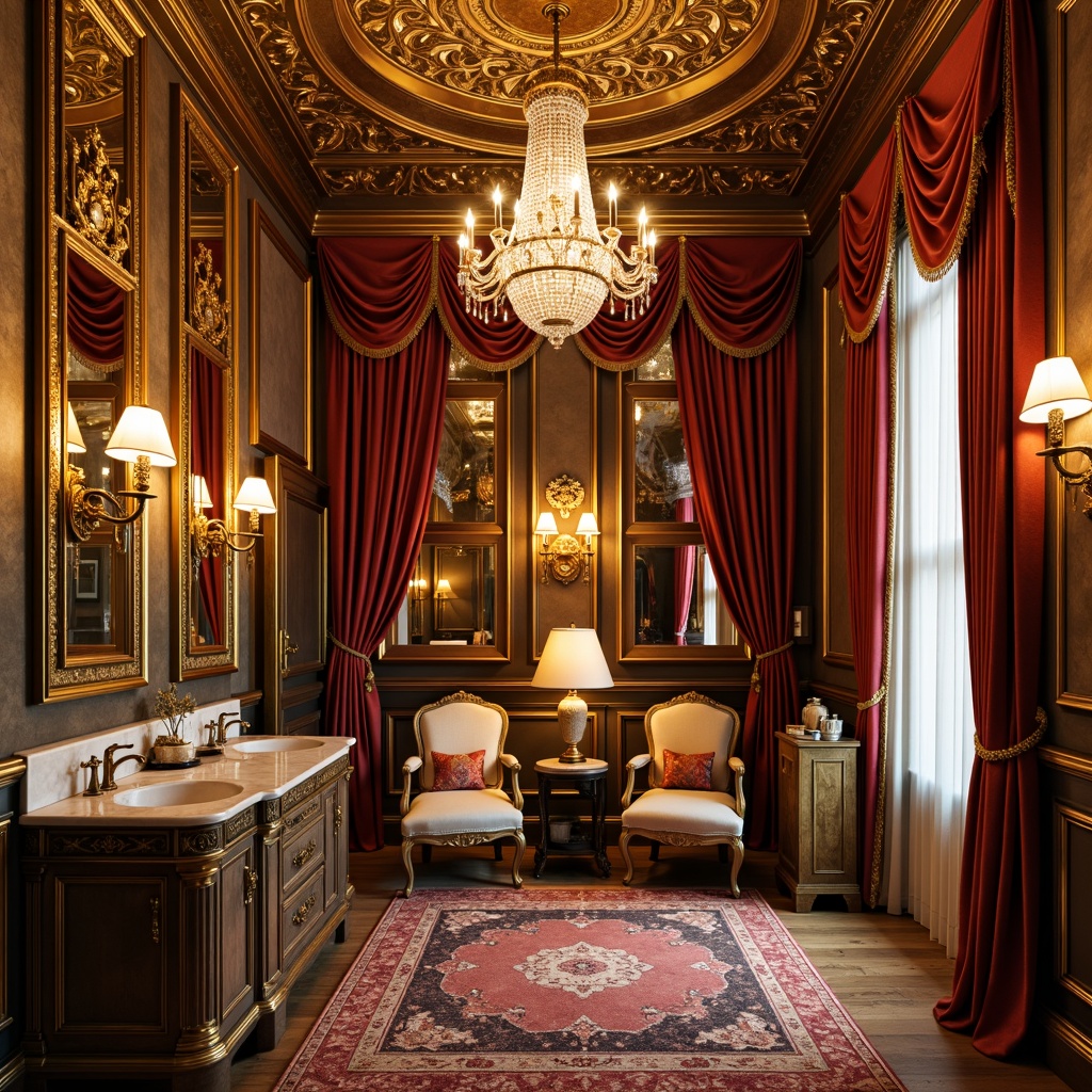 Prompt: Ornate powder room, golden accents, velvet drapes, crystal chandelier, ornamental mirrors, intricately carved furniture, gilded frames, richly patterned rugs, luxurious fabrics, soft warm lighting, elegant vanities, antique bronze fixtures, marble countertops, lavish decorative elements, highly detailed moldings, dramatic floor-to-ceiling curtains, majestic high ceilings, aristocratic ambiance.