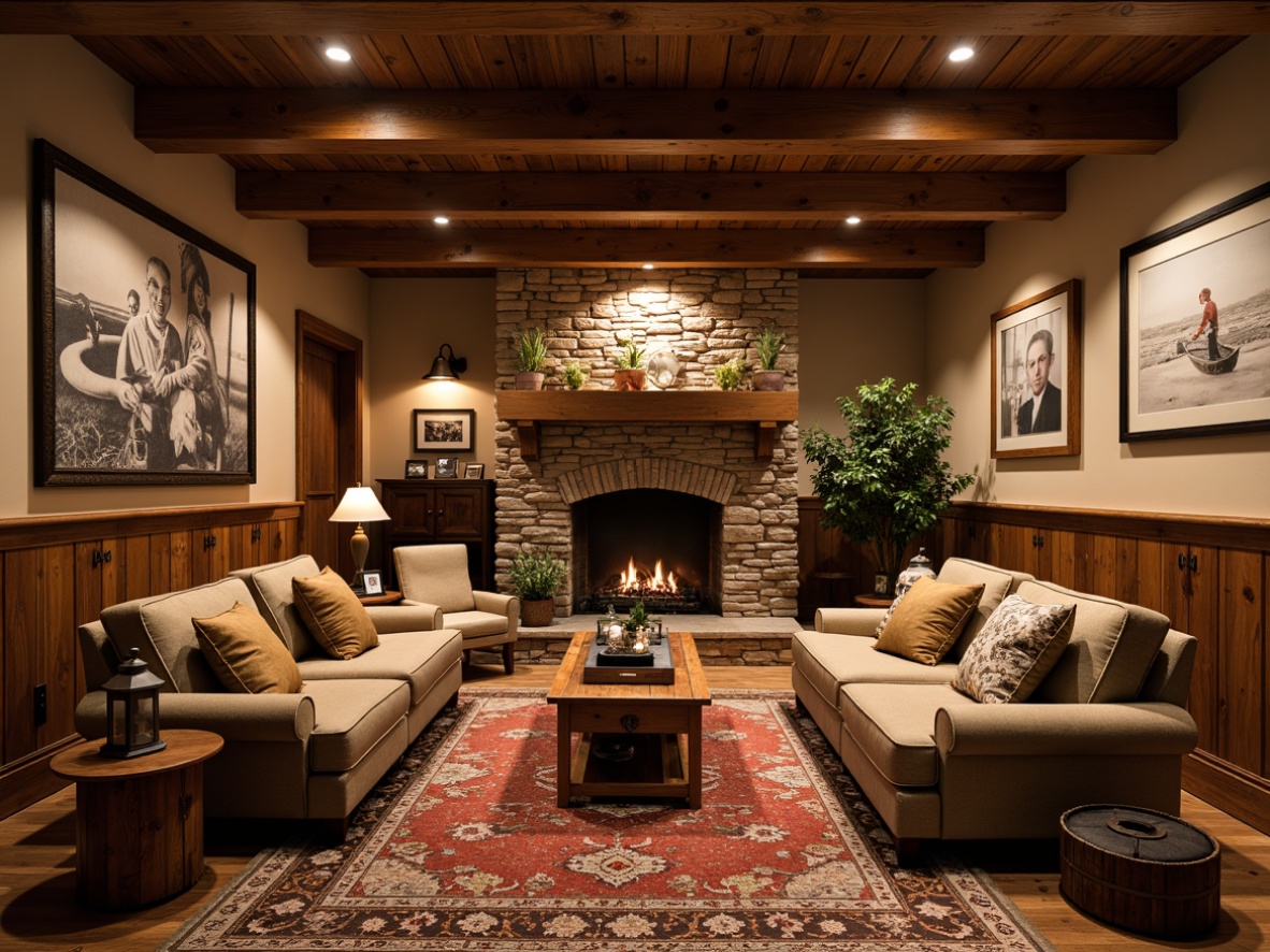 Prompt: Cozy basement, warm wood accents, plush area rugs, comfortable sofas, vintage armchairs, rustic coffee tables, stone fireplace, soft warm lighting, rich wood paneling, classic lanterns, ornate metal fixtures, traditional patterned fabrics, earthy color palette, natural stone walls, wooden ceiling beams, nostalgic decorative items, family photos, antique furniture pieces, warm beige tones, inviting ambiance.