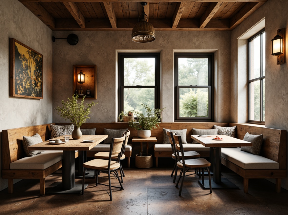 Prompt: Rustic breakfast nook, reclaimed wood benches, vintage metal chairs, plush throw pillows, natural linen upholstery, earthy color palette, wooden farm tables, pendant lanterns, stone walls, exposed beams, cozy window seats, soft morning light, warm atmosphere, 3/4 composition, shallow depth of field, realistic textures.