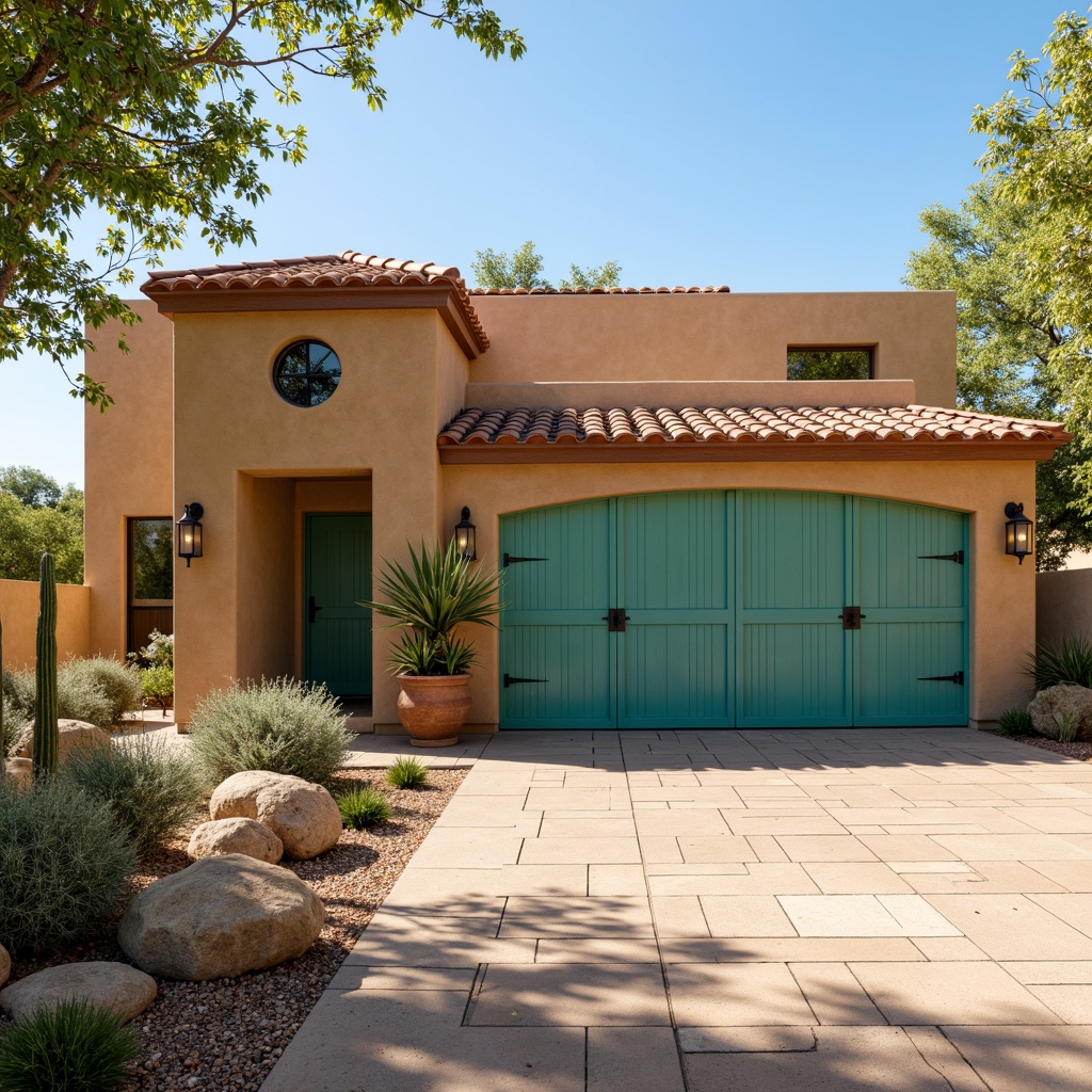 Prompt: Southwestern family garage, warm beige stucco exterior, rustic wooden accents, Spanish-inspired tile roof, curved archways, earthy color palette, desert landscaping, cacti plants, vibrant turquoise doors, metal decorative hardware, clay roof tiles, natural stone walls, Mediterranean revival architecture, warm sunny day, soft warm lighting, shallow depth of field, 3/4 composition, realistic textures.