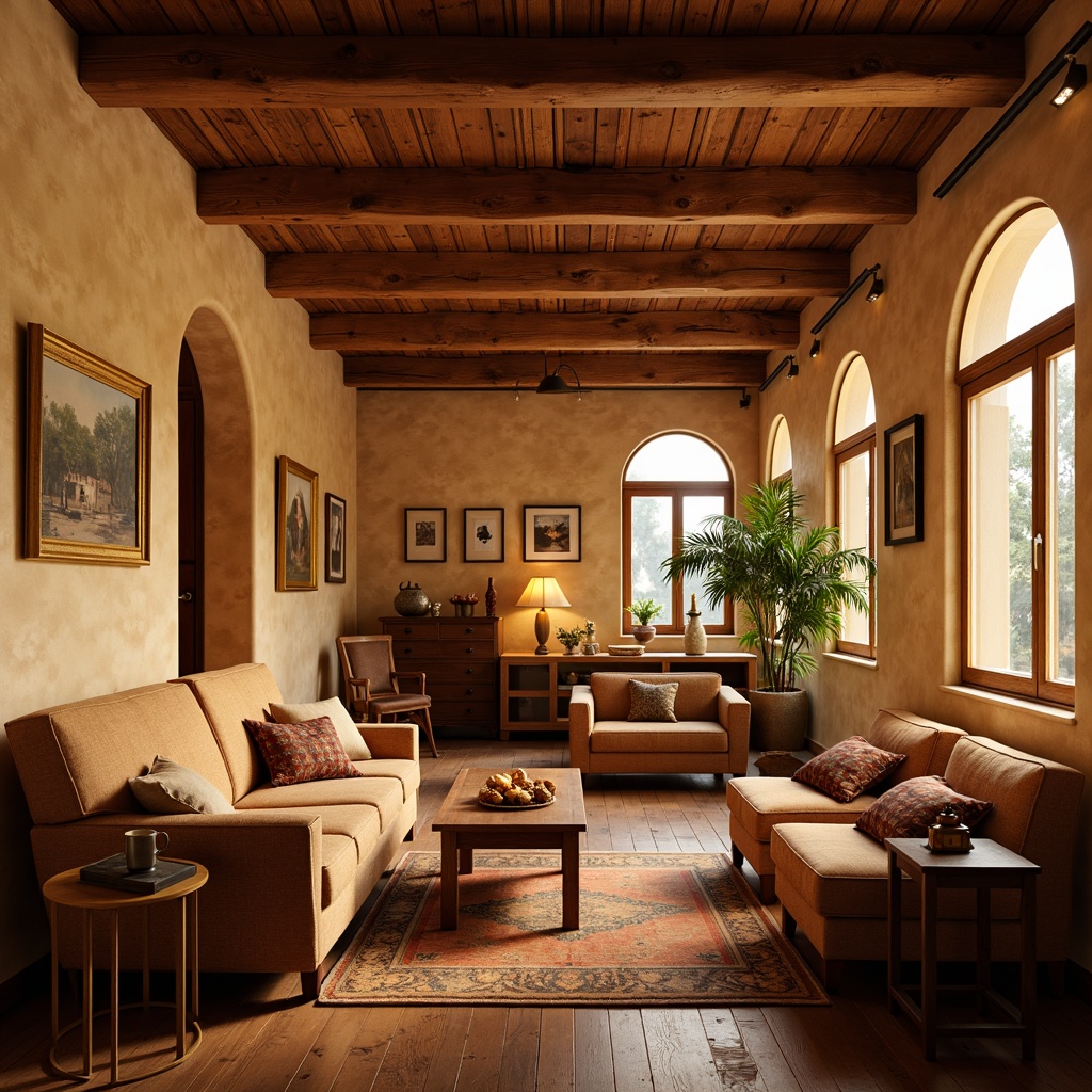 Prompt: Warm beige walls, rich wood accents, earthy brown floors, soft golden lighting, cozy nooks, plush furniture upholstery, vintage decorative items, rustic wooden beams, natural stone textures, warm terracotta tones, subtle cream hues, inviting atmosphere, comfortable seating areas, traditional ornate details, ornamental metalwork, dimmable table lamps, warm ambiance, 1/1 composition, soft focus, realistic render.