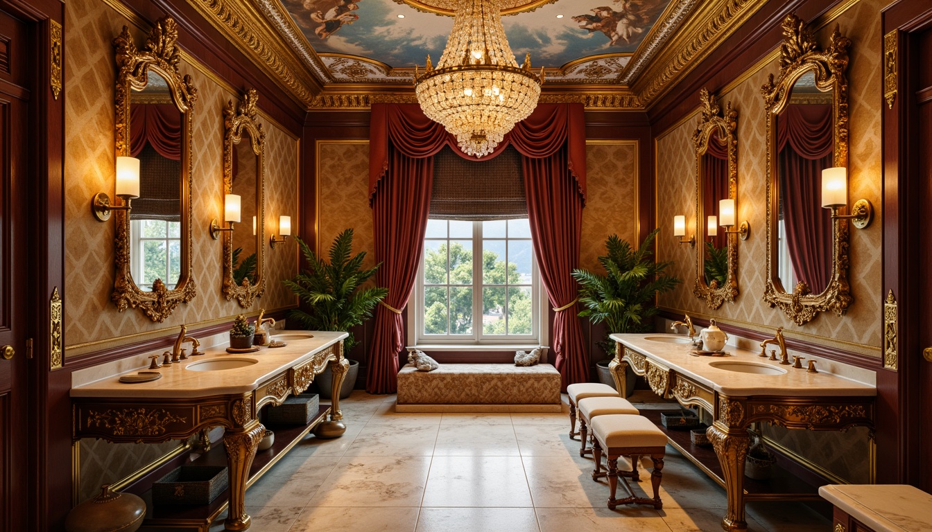 Prompt: Luxurious powder room, opulent furnishings, gilded mirrors, ornate chandeliers, intricate carvings, velvet drapes, rich brocade fabrics, golden accents, lavish marble countertops, decorative frescoes, ornamental moldings, grandiose ceiling designs, crystal glass fixtures, soft warm lighting, shallow depth of field, 1/1 composition, realistic textures, ambient occlusion.