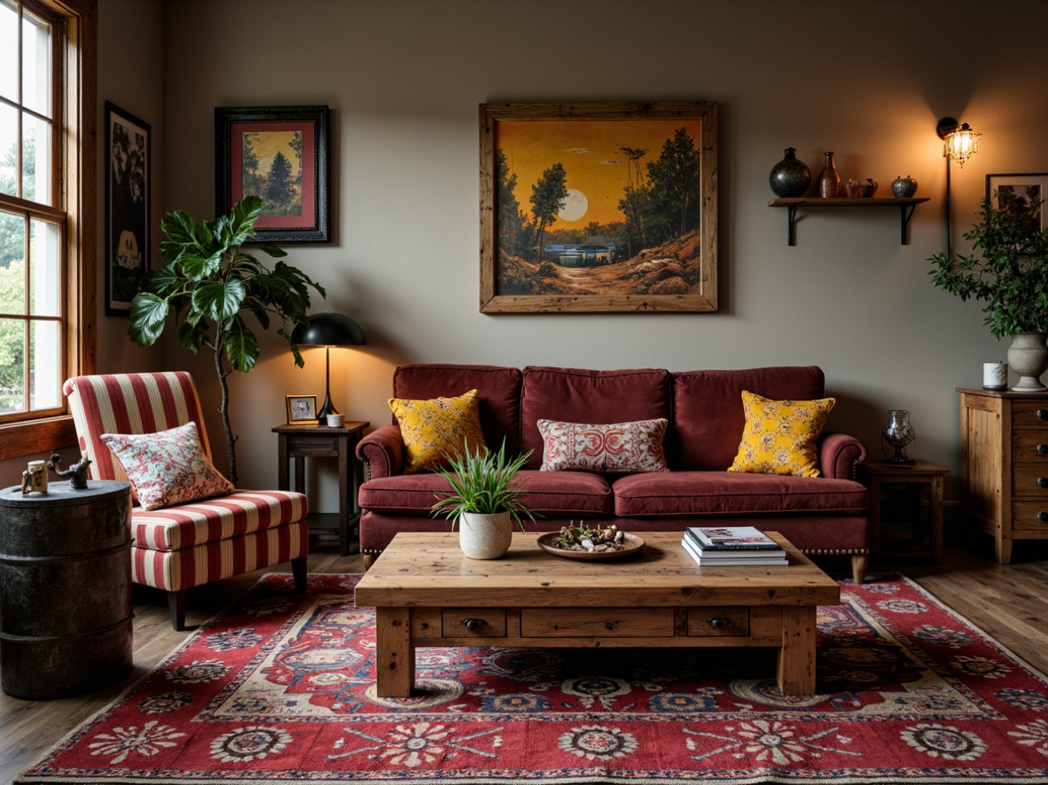 Prompt: Vintage armchair, distressed wood coffee table, plush velvet sofa, eclectic mix of patterns, bold colorful rugs, unique lighting fixtures, antique decorative items, industrial metal shelves, reclaimed wood accents, bohemian-inspired textiles, abstract artwork, statement walls, warm cozy atmosphere, dramatic floor lamps, 1/1 composition, shallow depth of field, natural softbox lighting.