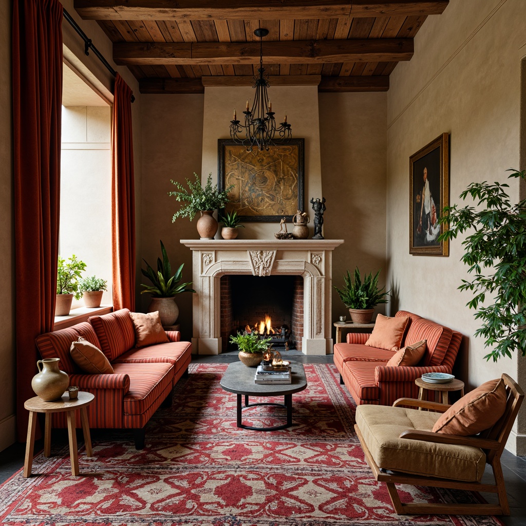 Prompt: Richly patterned rug, bold eclectic furniture, distressed wood accents, vintage decorative items, ornate metal fixtures, jewel-toned velvet drapes, warm beige walls, earthy terracotta vases, lush greenery, natural stone fireplace, soft warm lighting, shallow depth of field, 1/1 composition, realistic textures, ambient occlusion.