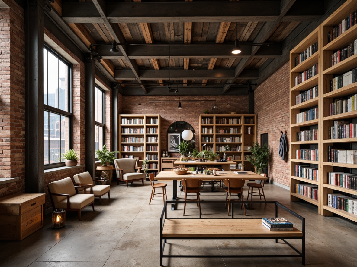 Prompt: Rustic industrial bookstore, reclaimed wood shelving units, metal beam supports, exposed brick walls, concrete floors, modern minimalist lighting, cozy reading nooks, vintage armchairs, worn leather sofas, floor-to-ceiling bookshelves, ladder access, wooden crates, metal stools, distressed finishes, urban loft atmosphere, warm neutral colors, natural textures, shallow depth of field, 2/3 composition, soft box lighting, realistic shadows.