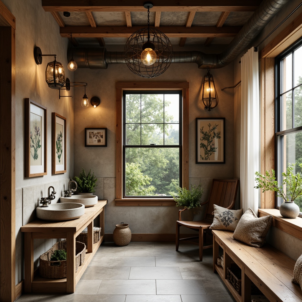 Prompt: Rustic mudroom, earthy tone walls, reclaimed wood accents, industrial metal beams, exposed ductwork, concrete floors, vintage decorative lighting fixtures, distressed metal lanterns, Edison bulb pendants, wrought iron chandeliers, natural stone sinks, wooden bench seating, woven baskets, botanical prints, warm cozy atmosphere, soft warm lighting, shallow depth of field, 1/2 composition, realistic textures, ambient occlusion.