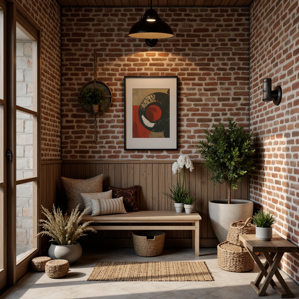 Prompt: Rustic mudroom, exposed brick walls, earthy tones, industrial lighting fixtures, metal sconces, reclaimed wood accents, distressed finishes, eclectic decorative items, vintage accessories, abstract artwork, natural textiles, woven baskets, potted plants, warm ambient lighting, soft shadows, 1/2 composition, realistic reflections, subtle color grading.