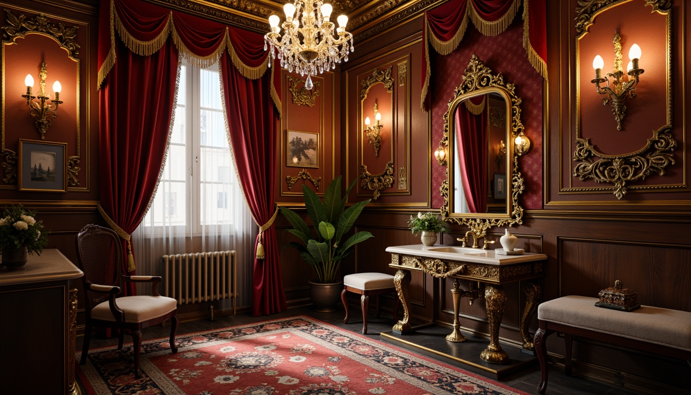 Prompt: Ornate powder room, velvet drapes, golden accents, crystal chandeliers, intricately carved wooden furniture, antique mirrors, ornamental vases, lavish textiles, rich jewel tones, soft candlelight, shallow depth of field, 1/1 composition, realistic reflections, ambient occlusion, luxurious atmosphere, elegant lines, curved shapes, exquisite details.