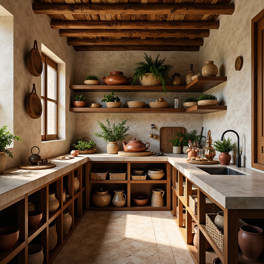 Prompt: Warm Mediterranean pantry, natural stone walls, wooden shelves, woven baskets, rustic ceramic tiles, earthy terracotta pots, aromatic herbs, vintage copper utensils, distressed wood accents, soft warm lighting, shallow depth of field, 3/4 composition, realistic textures, ambient occlusion.