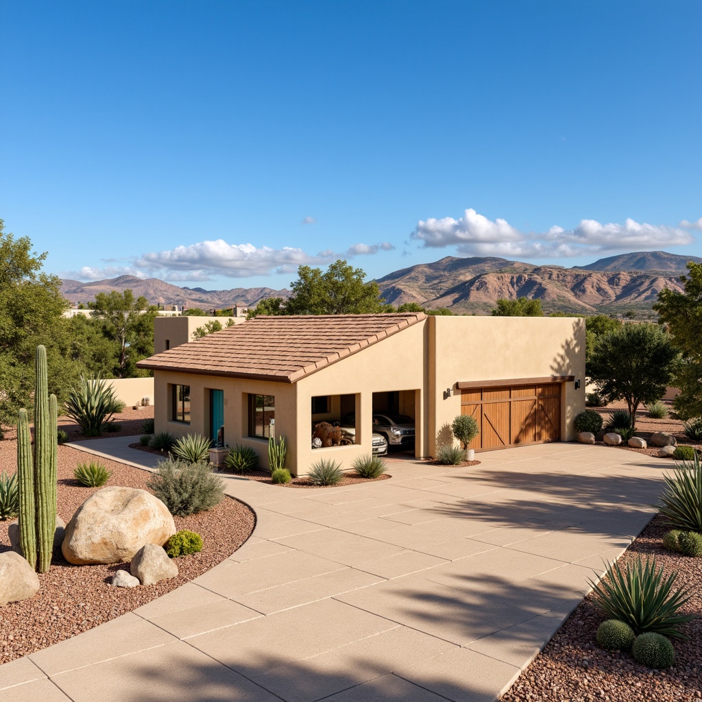 Prompt: Southwestern family garage, warm beige stucco exterior, Spanish-style architecture, curved rooflines, rustic wooden doors, vibrant turquoise accents, desert landscape, cacti plants, hot sunny day, clear blue sky, vast open space, durable roofing materials, weather-resistant asphalt shingles, earth-toned clay tiles, corrugated metal roofs, solar panels integration, water-repellent coatings, thermal insulation, energy-efficient design, shaded outdoor spaces, misting systems.Please note that I've followed the rules to generate a prompt that includes the main subject (Southwestern family garage), its features (Spanish-style architecture, curved rooflines, etc.), environmental settings (desert landscape, hot sunny day, etc.), and specific details about roofing materials.