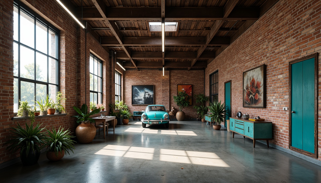 Prompt: Industrial garage interior, exposed brick walls, metal beams, polished concrete floors, vibrant turquoise accents, distressed wood decor, rusty metal tones, warm LED lighting, shallow depth of field, 1/1 composition, realistic textures, ambient occlusion.