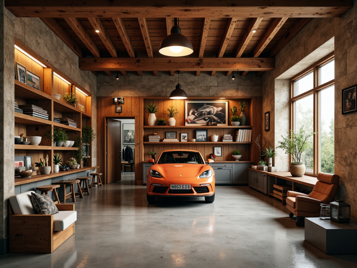 Prompt: Cozy family garage, rustic wooden walls, polished concrete floors, warm overhead lighting, sleek metal workbenches, organized tool storage, vintage car displays, nostalgic memorabilia, comfortable seating areas, industrial-style pendant lamps, earthy color palette, functional shelving units, epoxy resin coatings, natural stone accents, modern minimalist decor, abundant natural light, shallow depth of field, 2/3 composition, warm atmospheric lighting.