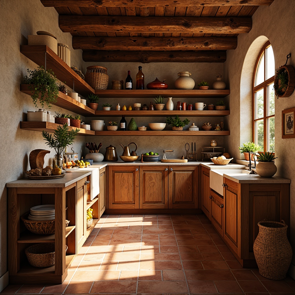 Prompt: Warm Mediterranean pantry, rich wood cabinetry, earthy terracotta tiles, aromatic spices, vintage copper utensils, woven wicker baskets, rustic ceramic jars, fragrant olive oils, artisanal cheeses, crusty breads, sun-dried fruits, colorful glazed pottery, natural stone countertops, distressed wooden shelves, warm golden lighting, shallow depth of field, 1/1 composition, still life arrangement, realistic textures.