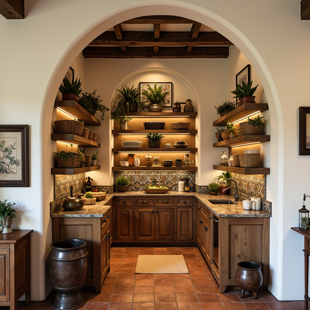 Prompt: Warm Mediterranean pantry, rustic wooden shelves, distressed finishes, ornate metal hardware, creamy white walls, soft warm lighting, earthy terracotta flooring, woven baskets, vintage ceramic jars, aromatic herbs, aged copper accents, natural stone countertops, decorative tiles, rich wood tones, elegant archways, cozy nooks, ambient shadows, 1/2 composition, realistic textures, subtle depth of field.