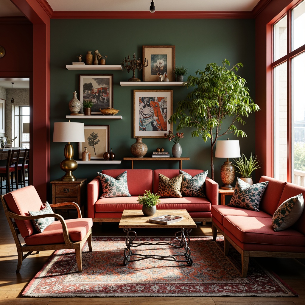 Prompt: Vibrant eclectic living room, plush velvet sofas, distressed wooden armchairs, ornate metal coffee tables, colorful Moroccan-inspired tiles, richly patterned rugs, abstract artwork, vintage decorative items, industrial metal lamps, reclaimed wood shelves, eclectic mix of textures, bold bright colors, natural light pouring in, shallow depth of field, 1/2 composition, soft warm lighting, realistic reflections.