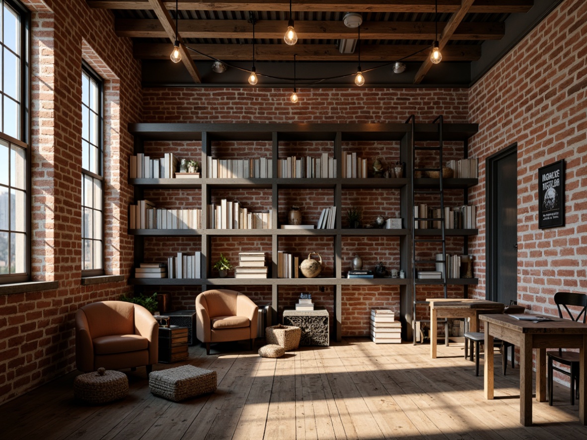 Prompt: Exposed brick walls, reclaimed wood floors, industrial metal shelving units, stacked book crates, vintage library ladders, Edison bulb lighting, distressed leather armchairs, wooden reading tables, modern minimalist decor, urban loft atmosphere, warm natural light, shallow depth of field, 1/2 composition, realistic textures, ambient occlusion.