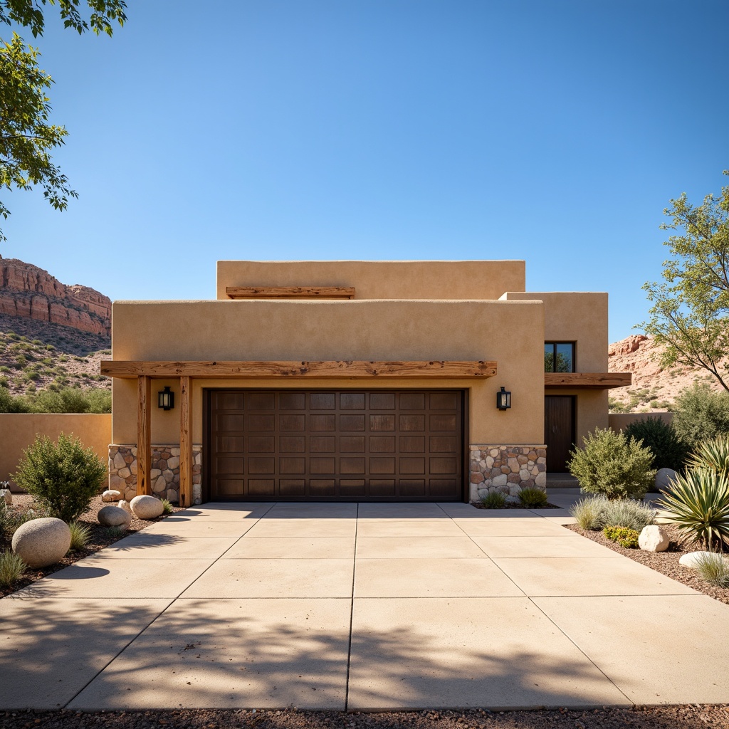 Prompt: Southwestern style garage, earthy tone stucco exterior, rustic wooden accents, natural stone cladding, distressed metal panels, desert landscape, cactus plants, hot sunny day, clear blue sky, vast open space, modern southwestern architecture, angular lines, minimalist design, earthy color palette, warm beige tones, sandy textures, rough-hewn wood trim, industrial-style lighting fixtures, shallow depth of field, 3/4 composition, panoramic view, realistic textures, ambient occlusion.