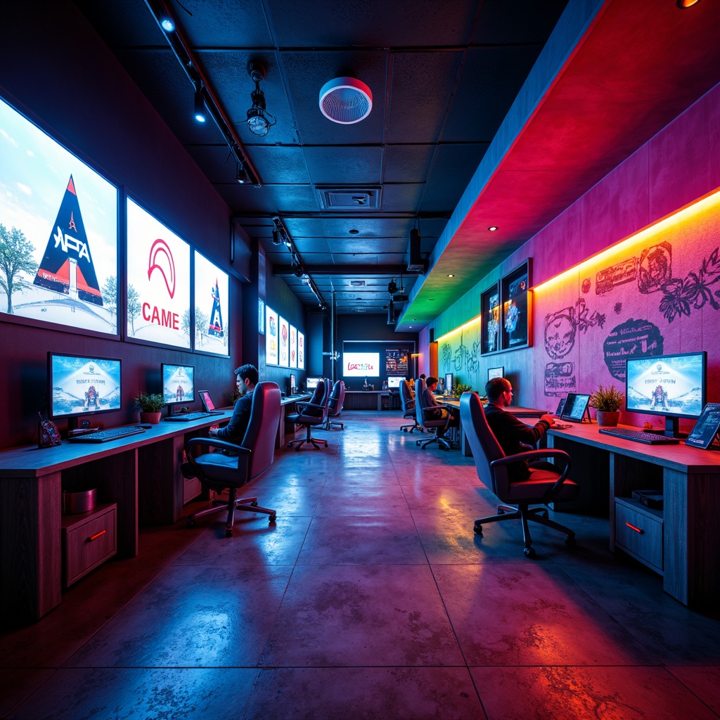 Prompt: Vibrant game room, bold accent walls, neon-lit gaming stations, futuristic furniture, metallic finishes, high-contrast color scheme, dark blues, electric greens, fiery reds, ambient LED lighting, dynamic shadows, 3D textures, immersive atmosphere, panoramic views, cinematic sound effects, high-energy vibe.