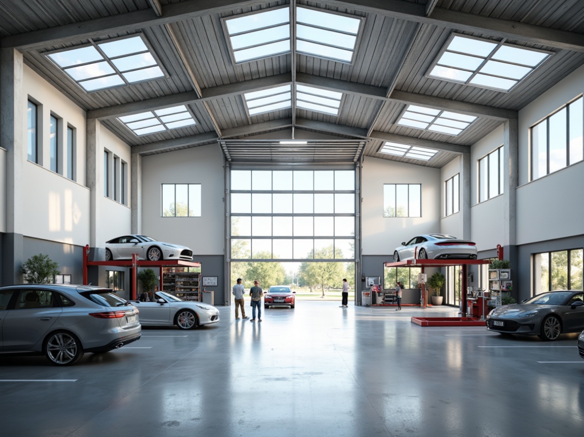 Prompt: Well-lit garage interior, abundant natural light, skylight windows, transparent roof panels, reflective white walls, polished concrete floors, metallic car lifts, organized tool storage, modern industrial design, high ceilings, overhead doors, clerestory windows, soft diffused lighting, minimal shading, 1/1 composition, realistic textures, ambient occlusion.