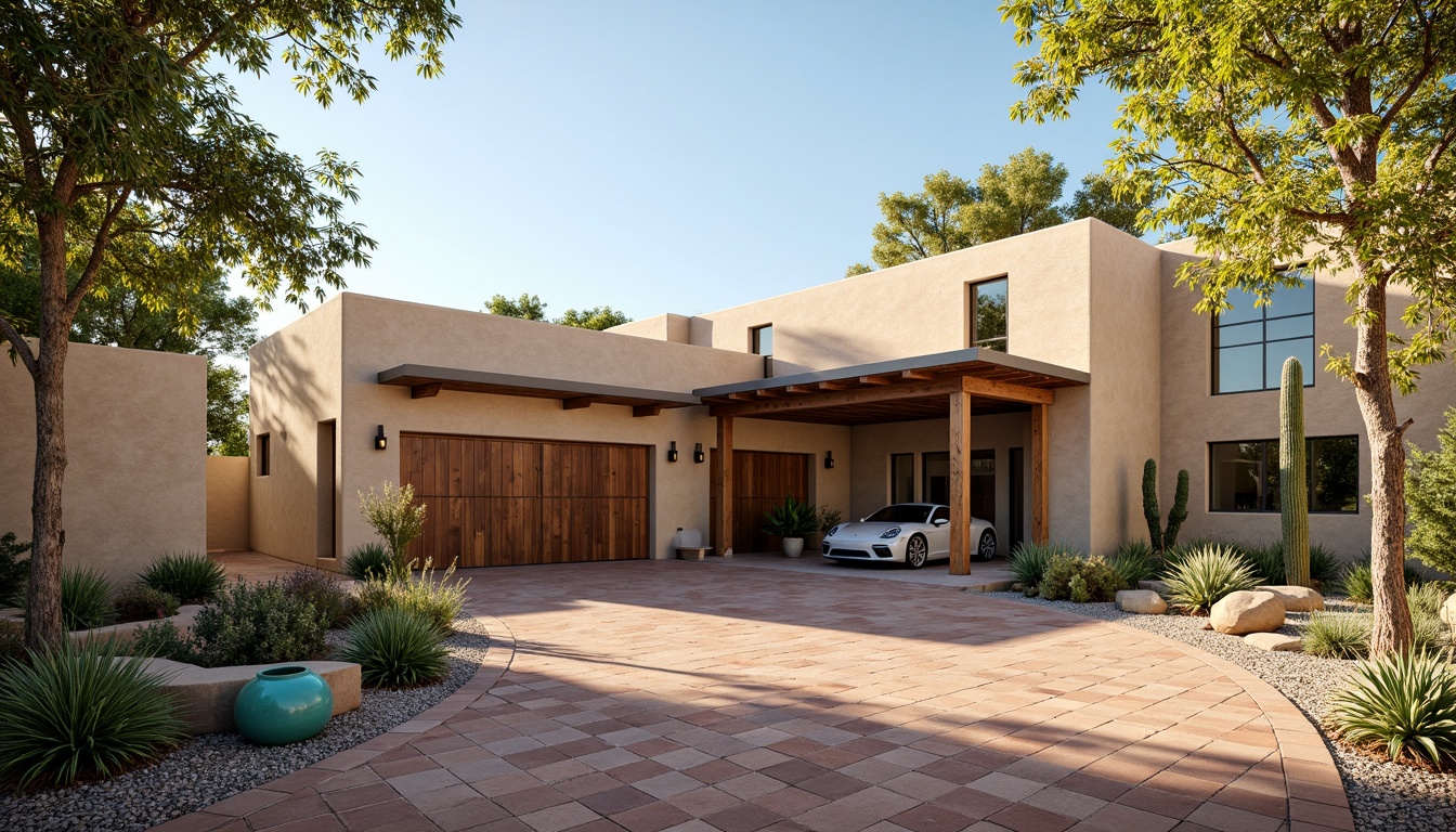 Prompt: Southwestern-style garage, stucco exterior, earthy tones, warm beige walls, rustic wooden accents, distressed wood textures, metal roofing, corrugated sheets, desert-inspired landscape, cactus plants, succulent arrangements, Spanish-style tiles, terracotta pottery, vibrant turquoise accents, natural stone pathways, gravel driveways, sun-drenched afternoons, soft warm lighting, shallow depth of field, 3/4 composition, panoramic view.