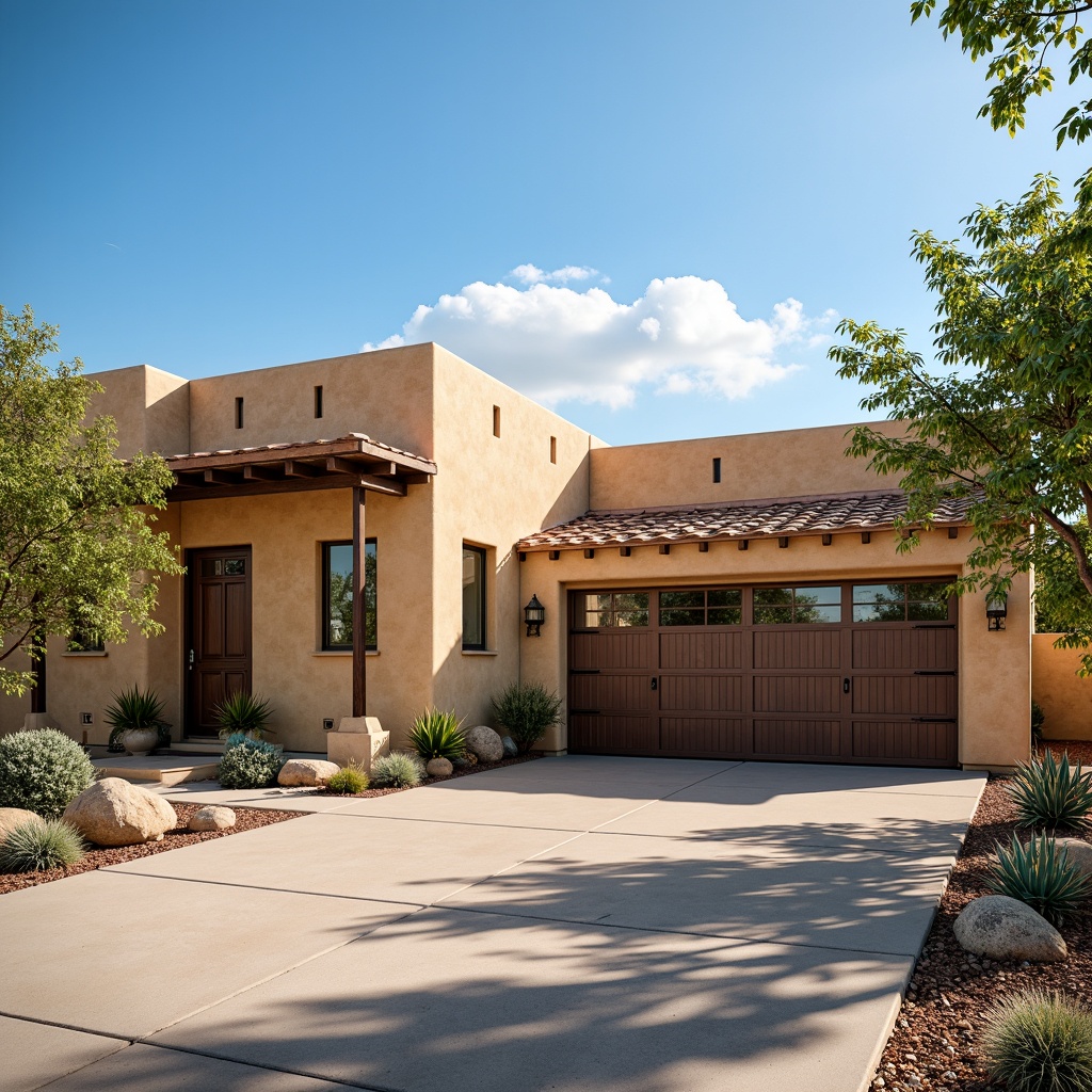 Prompt: Southwestern family garage, rustic desert landscape, warm beige stucco walls, clay tile roofing, curved Spanish-style rooflines, weathered wood accents, earthy brown tones, natural stone foundations, cacti and succulents, bright blue sky, strong sunlight, durable metal doors, decorative iron hardware, vibrant turquoise accents, Southwestern-inspired patterns, warm ambient lighting, shallow depth of field, 3/4 composition, realistic textures.