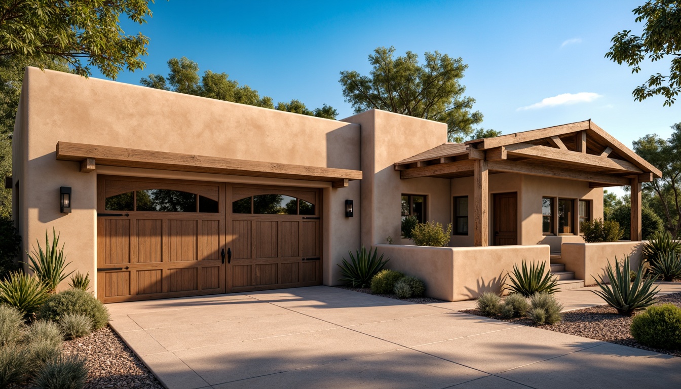 Prompt: Southwestern style garage, earthy stucco exterior, warm beige tones, rustic wood accents, metal roof with corrugated texture, decorative trusses, arched windows, wrought iron door handles, desert landscape, cactus plants, succulent gardens, clear blue sky, warm sunny day, soft natural lighting, shallow depth of field, 3/4 composition, realistic textures, ambient occlusion.