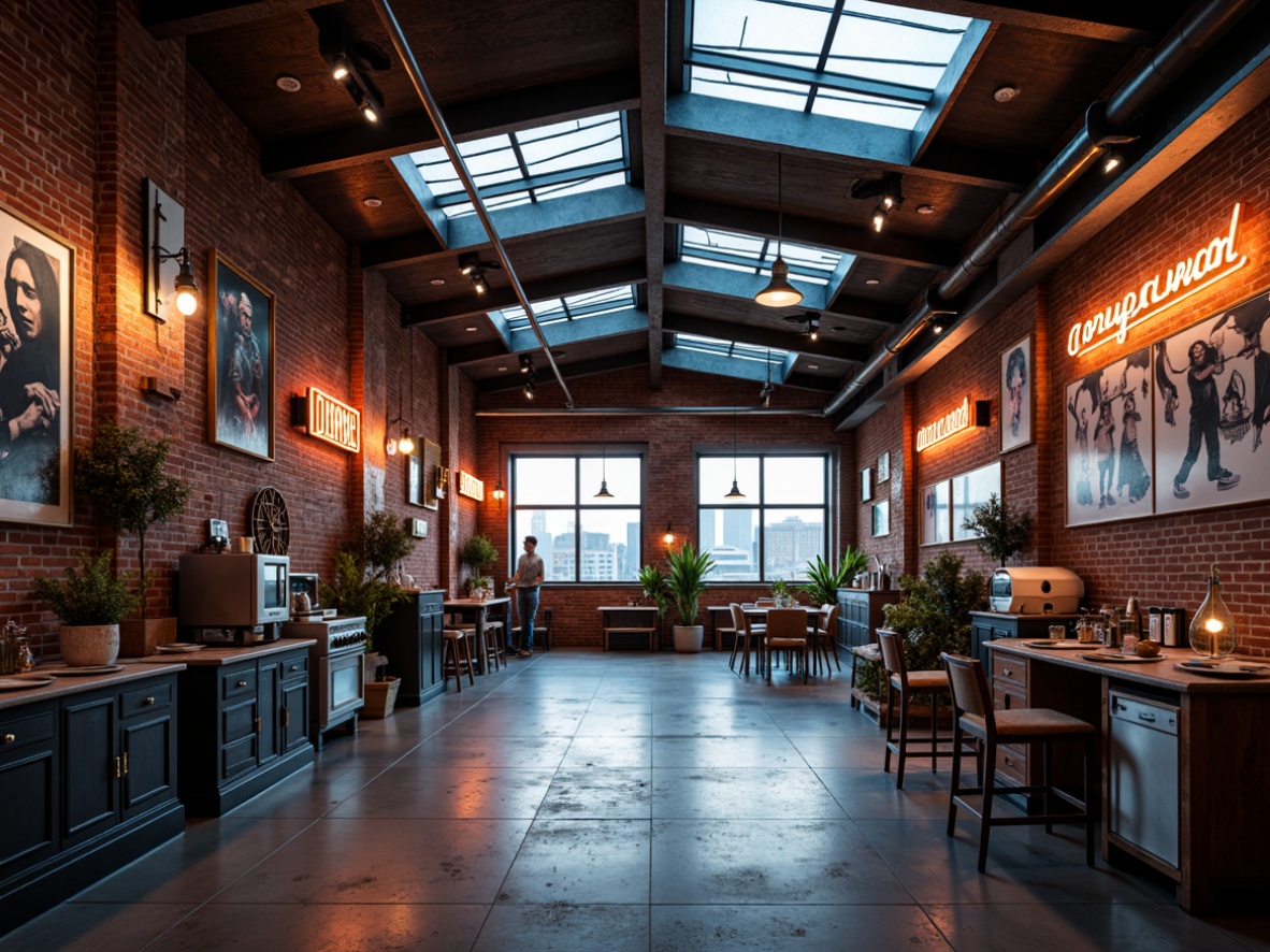 Prompt: Industrial garage interior, exposed brick walls, metal beams, polished concrete floors, neon signage, vibrant accent colors, bold typography, urban loft atmosphere, natural light pouring in, overhead skylights, industrial-chic decor, reclaimed wood accents, earthy tones, rugged textures, moody lighting, dramatic shadows, 1-point perspective, high contrast ratio, cinematic composition.