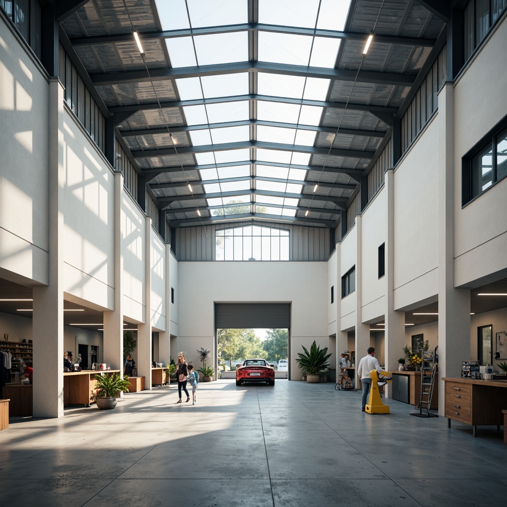 Prompt: Spacious garage interior, high ceilings, clerestory windows, skylights, transparent roof panels, bright natural lighting, polished concrete floors, white walls, minimalist decor, steel beams, industrial chic aesthetic, functional workstations, tool organizers, built-in shelving, modern LED lighting fixtures, soft warm glow, shallow depth of field, 3/4 composition, panoramic view, realistic textures, ambient occlusion.