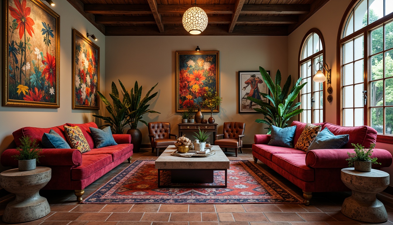 Prompt: Richly patterned velvet sofas, Moroccan-inspired tile floors, eclectic mix of vintage and modern furniture, bold colorful artwork, ornate gold frames, plush area rugs, exotic wooden accents, global-inspired textiles, vibrant kilim pillows, distressed leather armchairs, industrial metal lighting fixtures, reclaimed wood coffee tables, abstract expressionist paintings, warm ambient lighting, 3/4 composition, realistic textures, shallow depth of field.