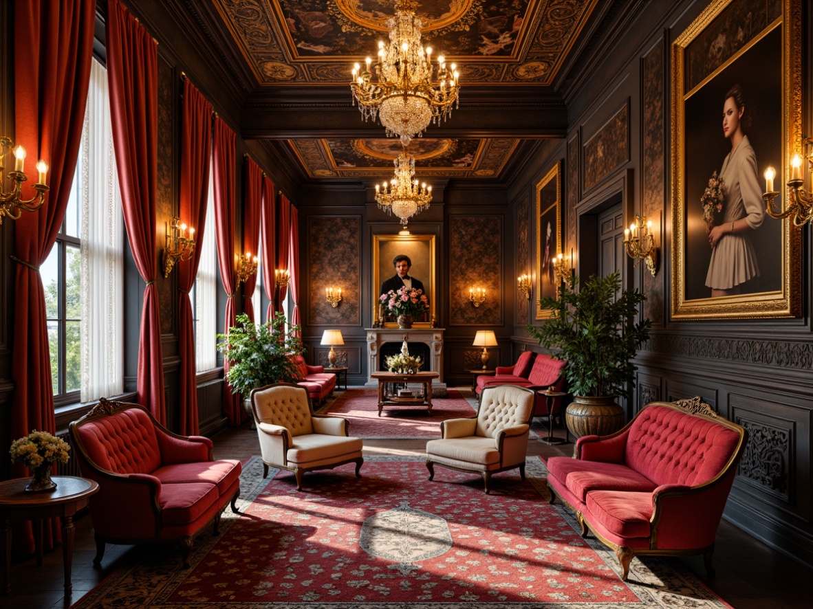 Prompt: Luxurious interior, ornate furnishings, rich velvet fabrics, golden accents, intricate carvings, grand chandeliers, opulent drapery, lavish tapestries, bold reds, deep blues, warm golds, creamy whites, soft creams, dramatic lighting, intense shadows, 3/4 composition, symmetrical balance, ornate frames, gilded details, regal atmosphere, sophisticated elegance.