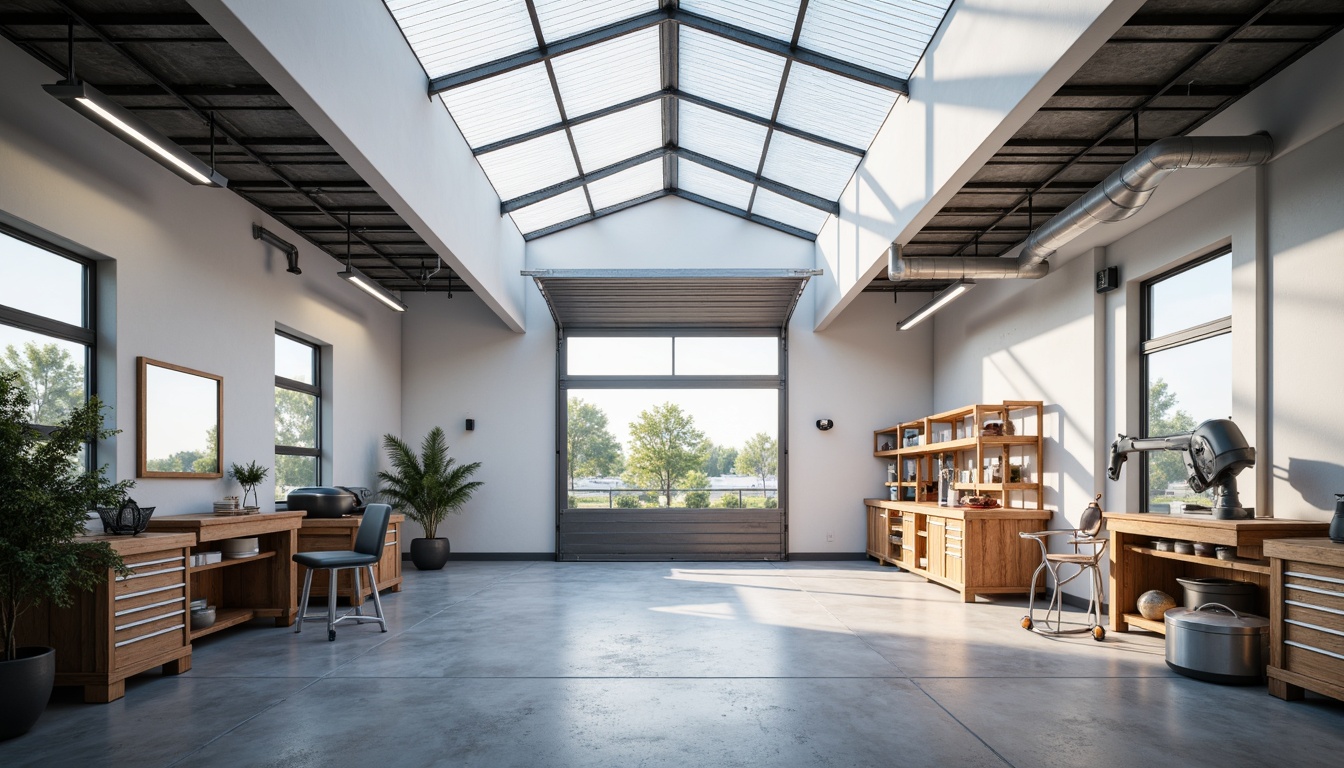 Prompt: Well-lit garage interior, abundant natural light, skylights, clerestory windows, translucent roof panels, bright white walls, polished concrete floors, minimalist decor, industrial chic style, metal beams, exposed ductwork, functional workbenches, organized tool storage, modern LED lighting fixtures, soft warm glow, 1/1 composition, shallow depth of field, realistic textures, ambient occlusion.