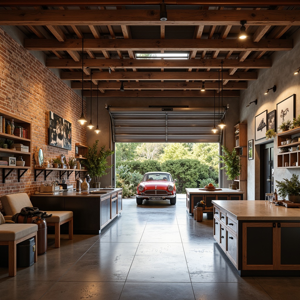 Prompt: Cozy family garage, warm wood accents, industrial metal beams, concrete floors, rustic brick walls, vintage car displays, sleek workbenches, tool storage systems, epoxy resin countertops, pendant lighting fixtures, earthy color palette, natural textures, functional shelving units, ergonomic seating areas, modern minimalist decor, abundant natural light, soft warm glow, shallow depth of field, 1/1 composition, realistic reflections.