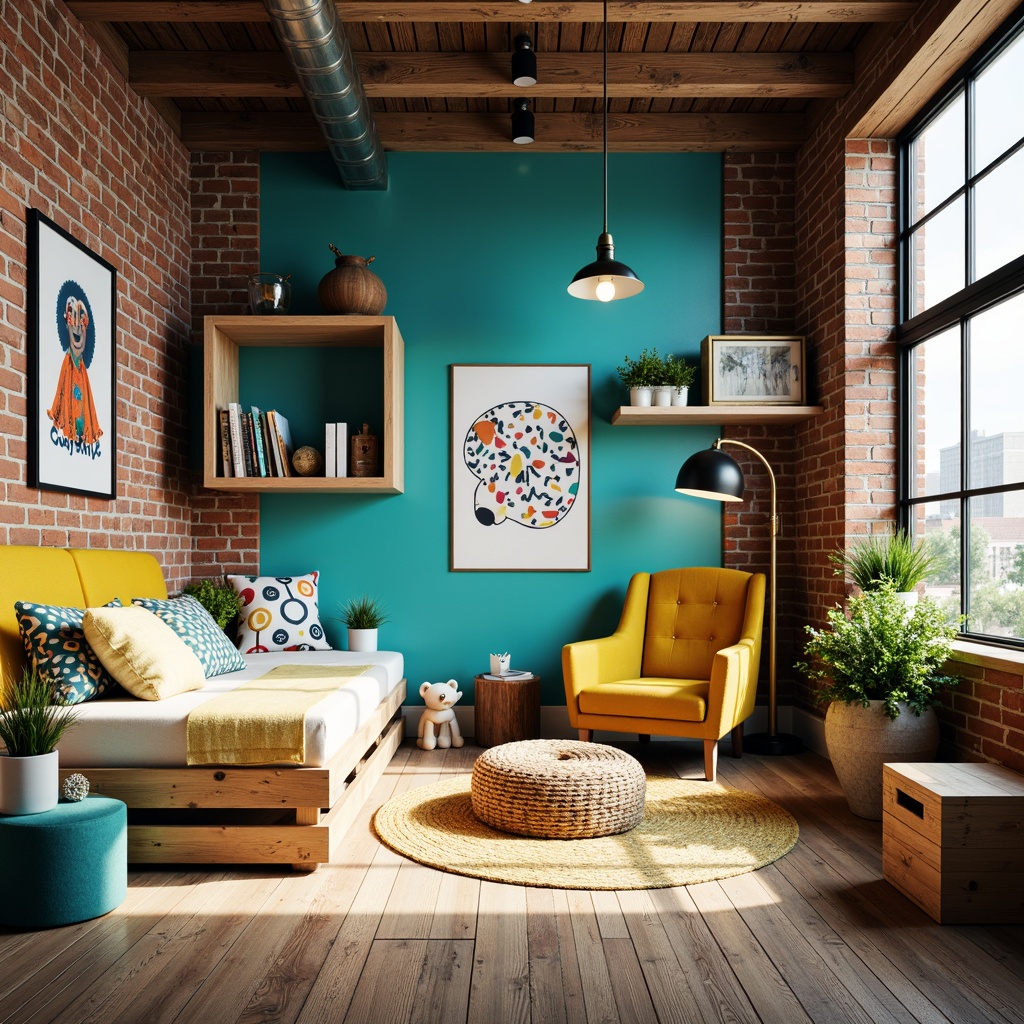 Prompt: Vibrant kid's room, industrial-style decor, exposed brick walls, metal beams, reclaimed wood furniture, distressed finishes, bold color palette, bright turquoise accents, warm yellow tones, deep blue hues, creamy whites, playful polka dots, geometric patterns, eclectic textiles, urban-chic atmosphere, functional storage units, cozy reading nooks, task lighting, industrial-style lamps, rustic wooden crates, natural fiber rugs, whimsical wall art, youthful energy, softbox lighting, 3/4 composition, realistic textures.