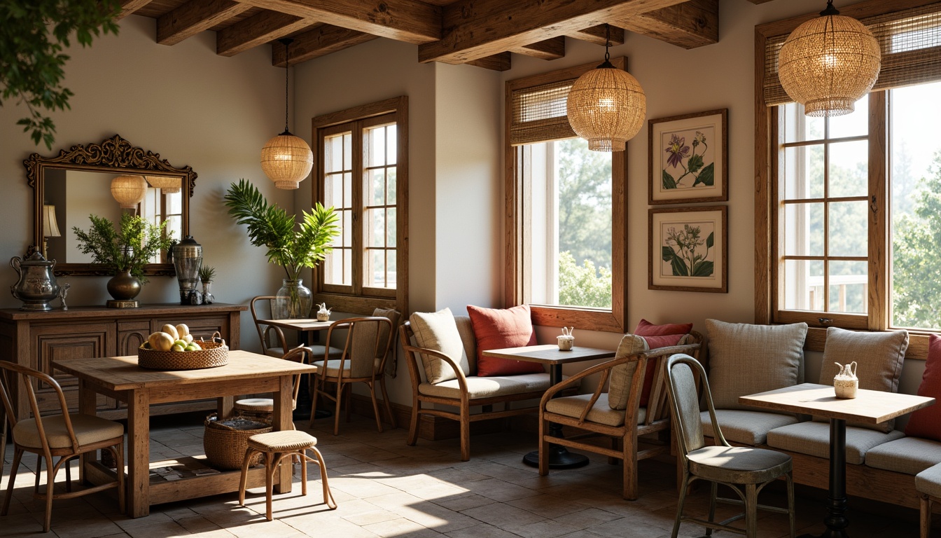 Prompt: Cozy breakfast nook, rustic wooden benches, plush cushions, vintage metal chairs, distressed wood tables, earthy tone colors, natural stone floors, woven wicker baskets, potted greenery, soft warm lighting, shallow depth of field, 1/1 composition, intimate atmosphere, farmhouse-inspired decor, antique furniture pieces, ornate metalware, ceramic vases, botanical prints, warm beige tones.