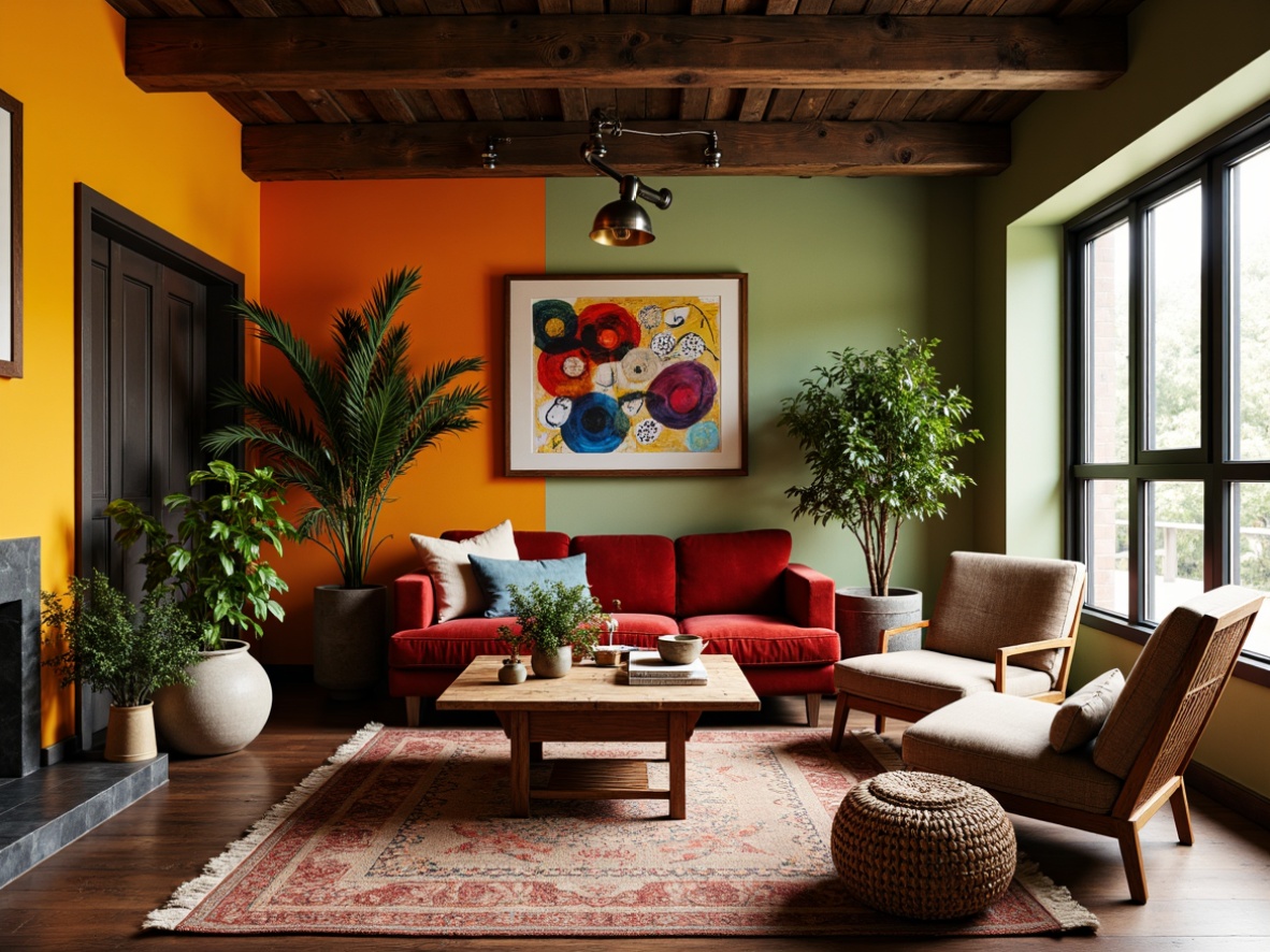 Prompt: Vibrant eclectic living room, bold colorful walls, mix-and-match furniture pieces, distressed wooden coffee table, plush velvet sofa, vintage armchair, Moroccan-inspired tiles, abstract artwork, industrial metal lighting fixtures, lush greenery, natural textiles, woven baskets, geometric patterned rugs, cozy throw blankets, warm ambient lighting, shallow depth of field, 1/1 composition, realistic textures, soft focus effect.