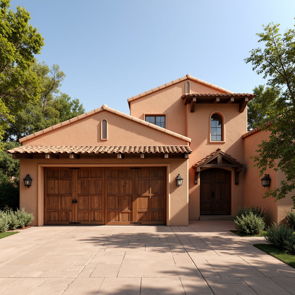 Prompt: Southwestern family garage, rustic wooden doors, stucco walls, earthy tone color scheme, clay tile roofing, Spanish-inspired architecture, curved rooflines, decorative trusses, warm sunny day, soft natural lighting, shallow depth of field, 1/2 composition, realistic textures, ambient occlusion.