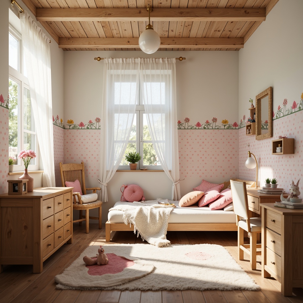 Prompt: Whimsical children's bedroom, soft pastel colors, playful polka dots, delicate lace curtains, plush area rugs, colorful wall decals, wooden furniture with carved details, sweet fairy lights, cozy reading nooks, vibrant flower patterns, gentle warm lighting, shallow depth of field, 3/4 composition, realistic textures, ambient occlusion.