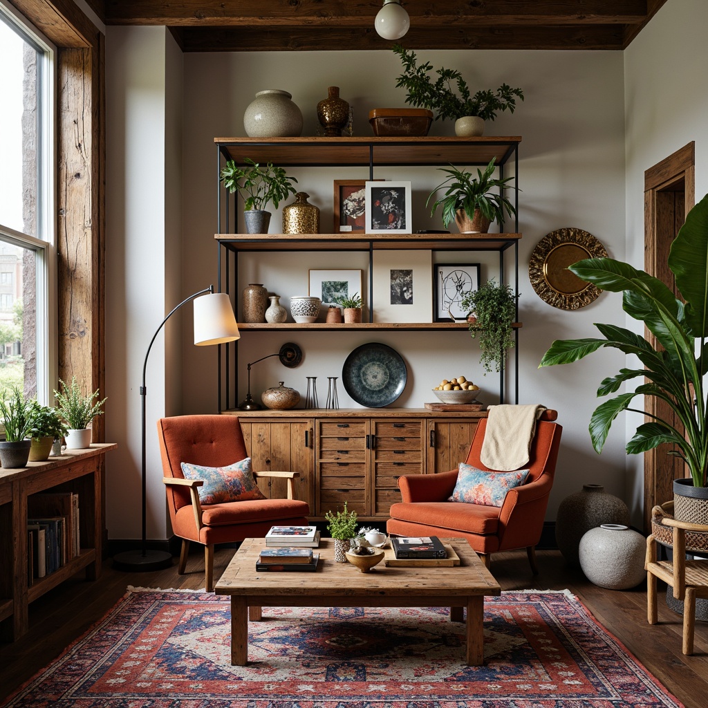 Prompt: Vintage armchair, distressed wood coffee table, eclectic patterned rug, abstract art pieces, industrial metal lamp, reclaimed wood shelves, bold colorful throw pillows, ornate gold mirrors, lush green plants, natural stone vase, Bohemian-inspired textiles, soft warm lighting, shallow depth of field, 1/1 composition, realistic textures, ambient occlusion.