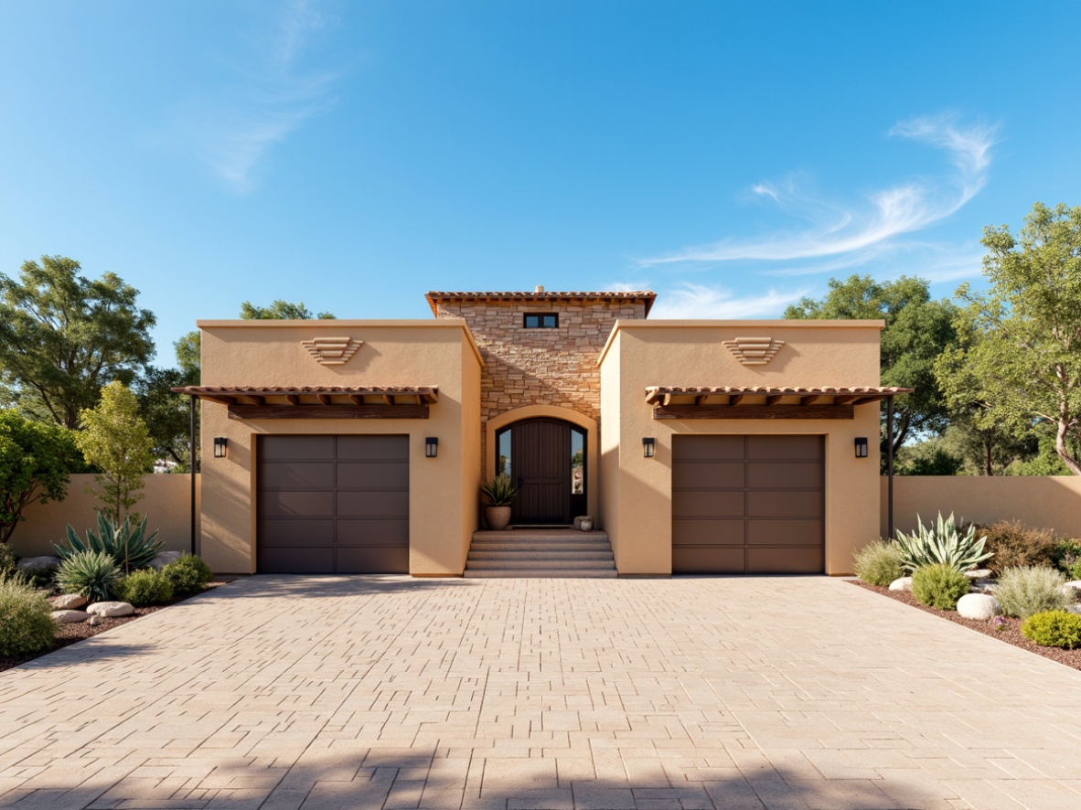 Prompt: Southwestern style garage, stucco exterior cladding, earthy tones, warm beige colors, rustic wooden accents, decorative metal trim, Spanish-inspired tiles, arid desert landscape, cacti plants, bright sunny day, clear blue sky, vast open space, modern garage doors, sleek aluminum frames, natural stone walls, textured concrete pavers, drought-resistant succulents, ambient occlusion, shallow depth of field, 3/4 composition, panoramic view, realistic textures.