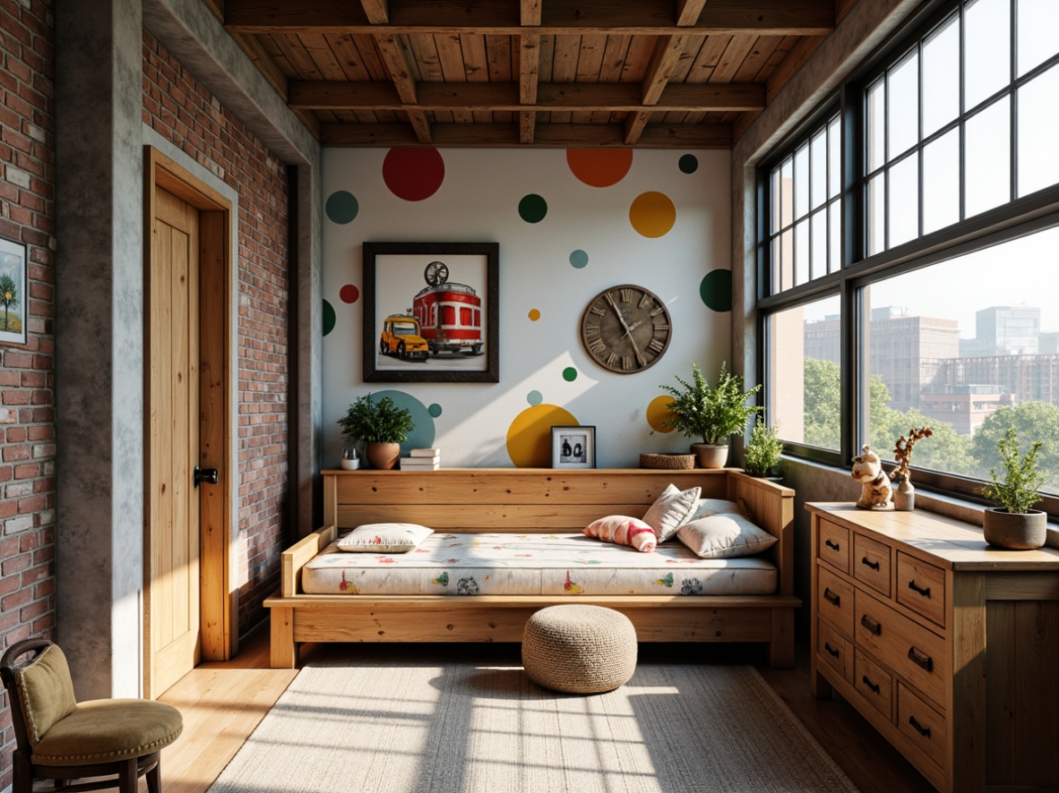 Prompt: Rustic kids' room, industrial style, distressed wood accents, metal beams, exposed brick walls, vintage machinery parts, earthy tones, muted pastels, bold bright colors, playful polka dots, whimsical murals, urban cityscape views, large windows, natural light pouring in, soft warm glow, shallow depth of field, 3/4 composition, realistic textures, ambient occlusion.