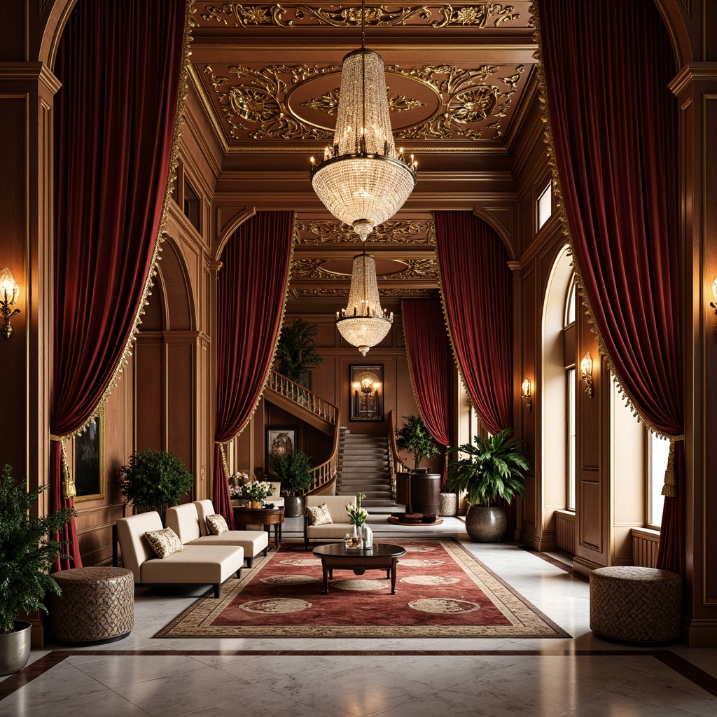 Prompt: Opulent baroque-style lounge, rich velvet drapes, ornate gold leafing, crystal chandeliers, intricately carved wooden panels, polished marble floors, lavish furnishings, tufted upholstery, metallic accents, gemstone inlays, grandiose archways, sweeping staircases, dramatic ceiling heights, soft warm lighting, cinematic shadows, 1/1 composition, shallow depth of field, realistic reflections, ambient occlusion.