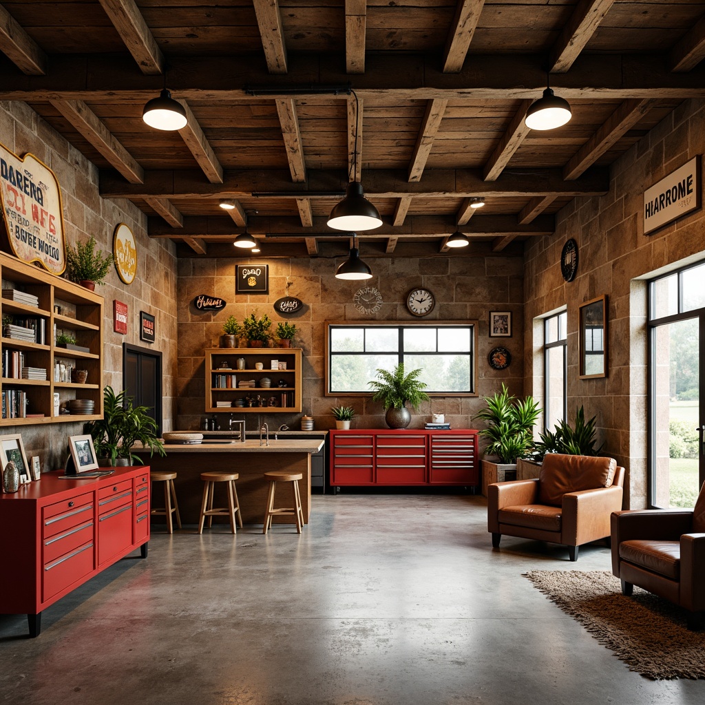 Prompt: Rustic garage interior, warm earthy tones, distressed wood accents, vintage metal signs, industrial lighting fixtures, polished concrete floors, bold red toolboxes, weathered steel beams, natural stone walls, eclectic decorative items, cozy reading nooks, rich leather upholstery, warm beige cabinetry, soft ambient lighting, shallow depth of field, 1/1 composition, realistic textures, atmospheric occlusion.