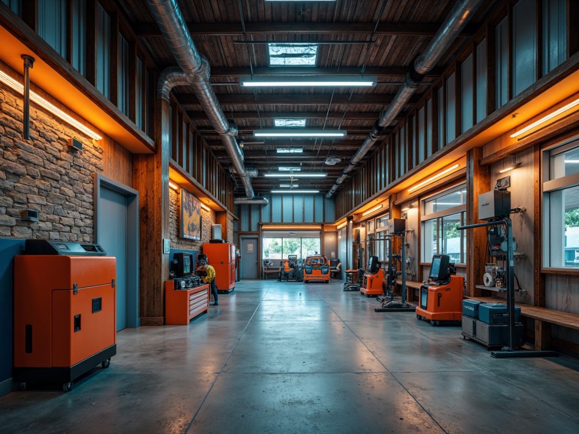 Prompt: Industrial garage interior, metallic tones, weathered steel beams, polished concrete floors, warm LED lighting, exposed ductwork, sleek modern machinery, vibrant orange accents, deep blue undertones, rich wood textures, natural stone walls, earthy color scheme, atmospheric misting effects, shallow depth of field, 3/4 composition, realistic reflections, ambient occlusion.