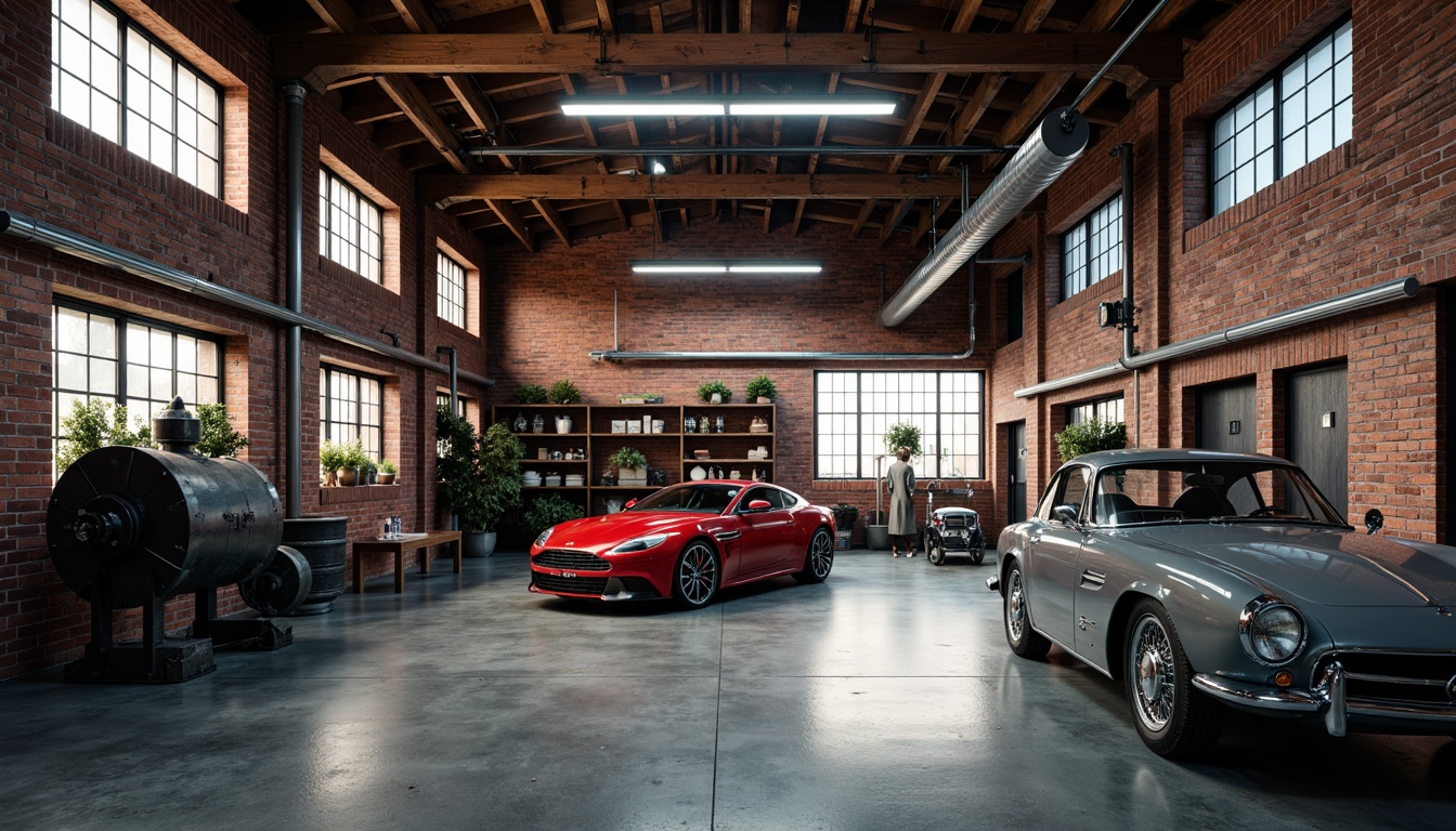 Prompt: Industrial garage interior, exposed brick walls, polished concrete floors, metallic accents, rustic wooden beams, modern LED lighting, sleek steel machinery, vibrant color scheme, bold red and black tones, contrasting bright whites, deep blues, warm yellows, natural textures, distressed finishes, urban loft atmosphere, dynamic shadows, high-contrast highlights, cinematic lighting effects, 1/1 composition, dramatic close-ups, realistic reflections.