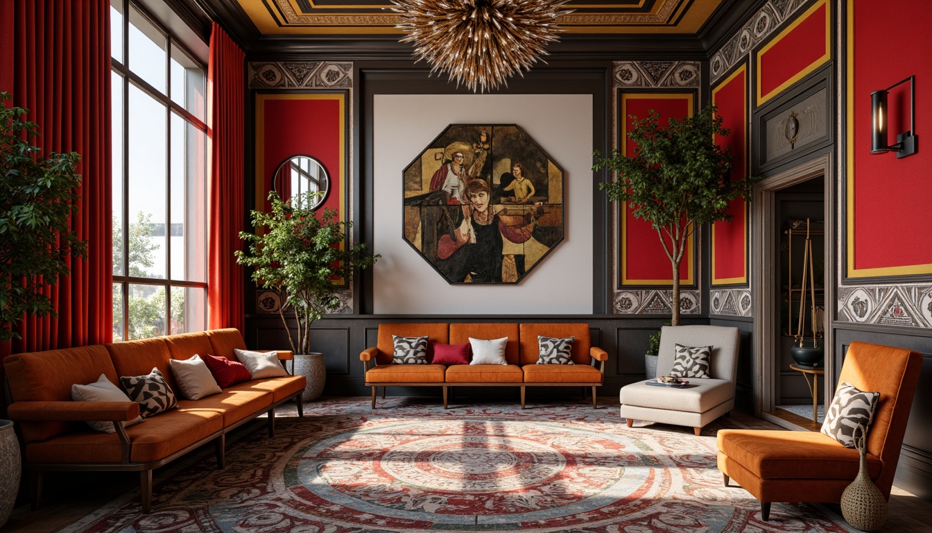 Prompt: Richly ornamented walls, bold geometric patterns, vibrant eclectic colors, playful decorative elements, luxurious velvet fabrics, distressed wood accents, oversized ornate mirrors, lavish crystal chandeliers, dramatic floor-to-ceiling drapery, avant-garde artwork, abstract sculptures, statement furniture pieces, curved lines, irregular shapes, whimsical accessories, warm atmospheric lighting, 1/1 composition, shallow depth of field, realistic textures.